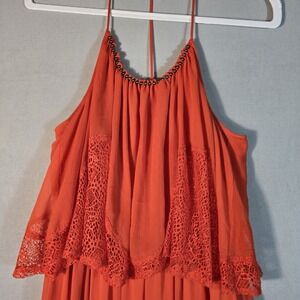 Bisou Bisou Michele Bohbot Women's 8 Coral Halter Maxi Dress Beaded Neck Crochet